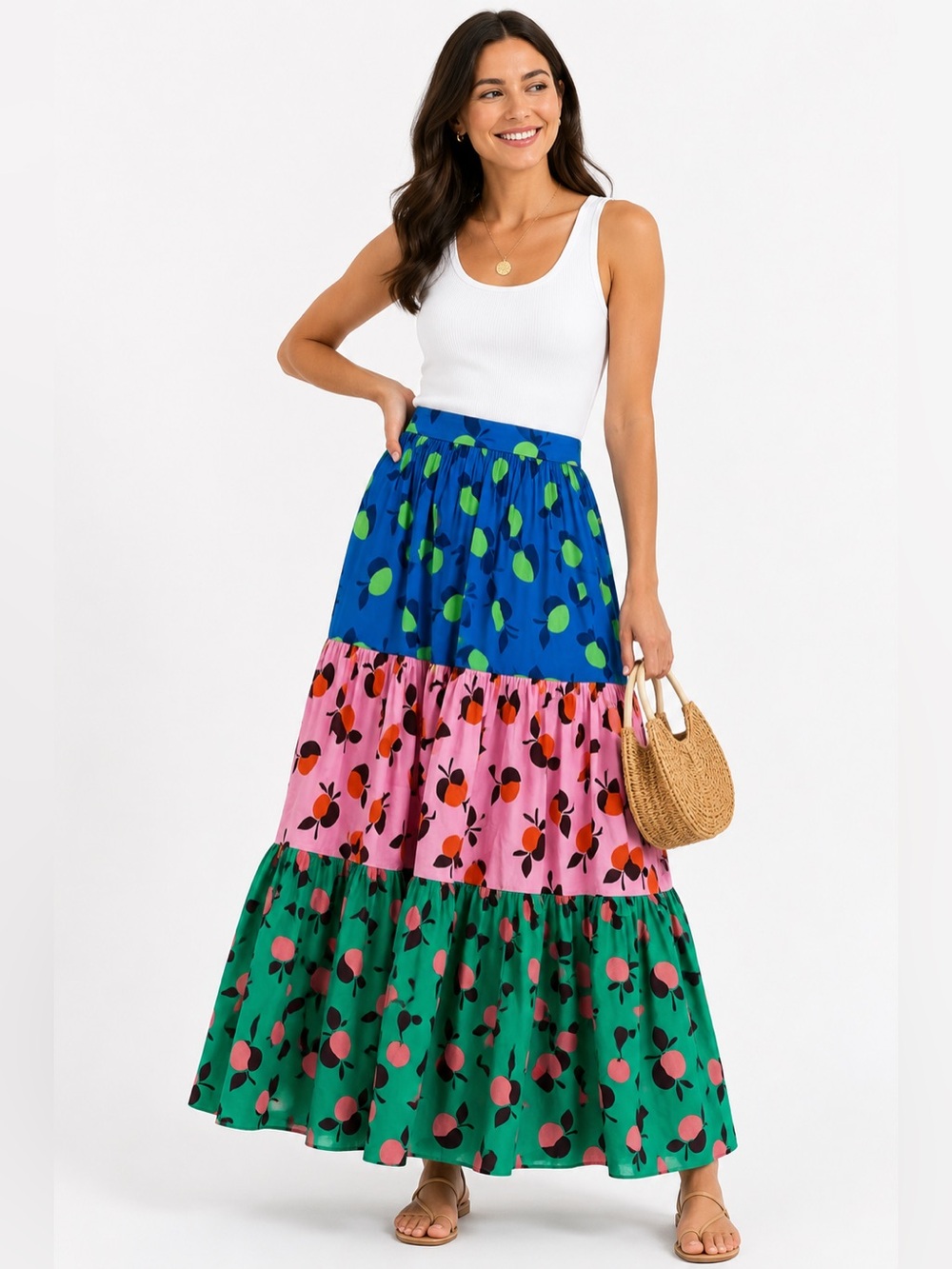 🌺 Kate Spade New York Colorblock Apple Print Tiered Maxi Skirt